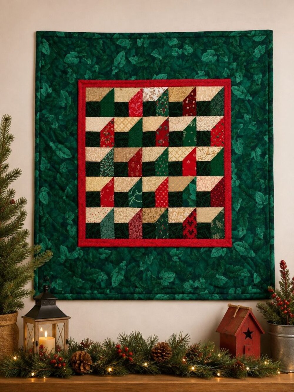 Vintage 90s Hand Made & Hand Quilted Christmas Wall Hanging Attic Windows Quilt